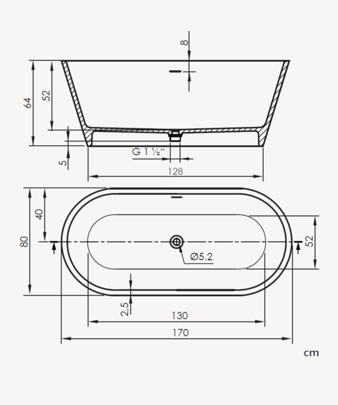 Moderne Freestanding Bath - Matte White - 1700 x 800 mm