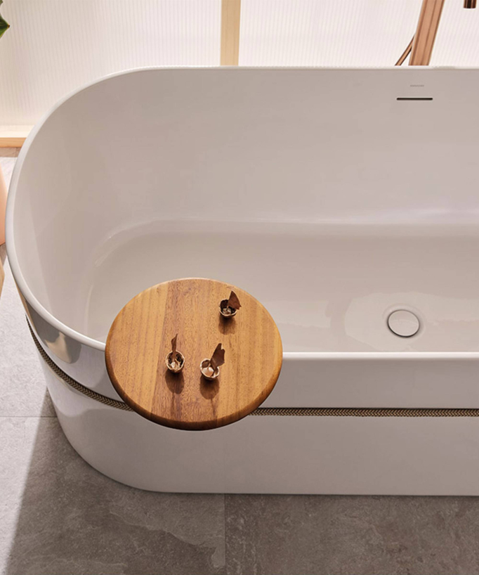 Tempo Freestanding Acrylic Bath with Cord Detail - Glossy White