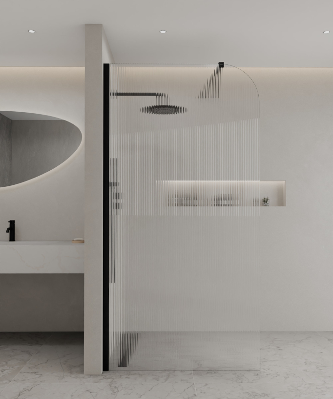 Paroi de douche fixe en verre cannelé et profilé en acier inoxydable noir collection Cuba