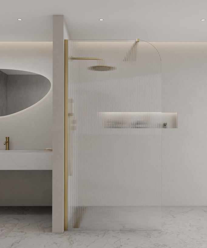 Paroi de douche fixe en verre cannelé et profilé en acier inoxydable doré collection Cuba