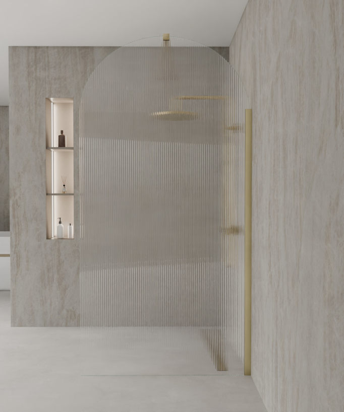 Nisa Fixed Rounded Fluted Glass Shower Screen - Brushed Gold