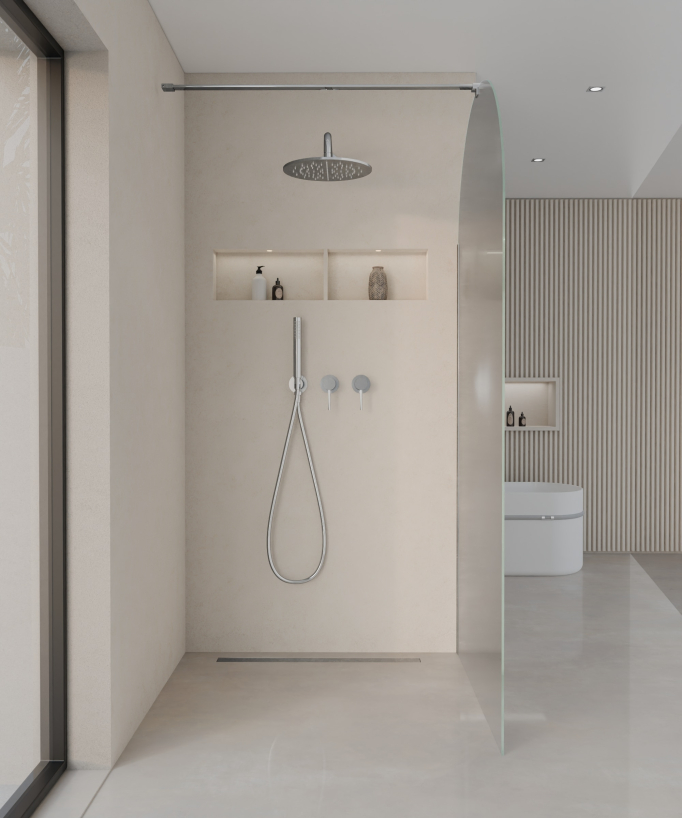 Santana Fixed Rounded Ice Glass Shower Screen - Chrome