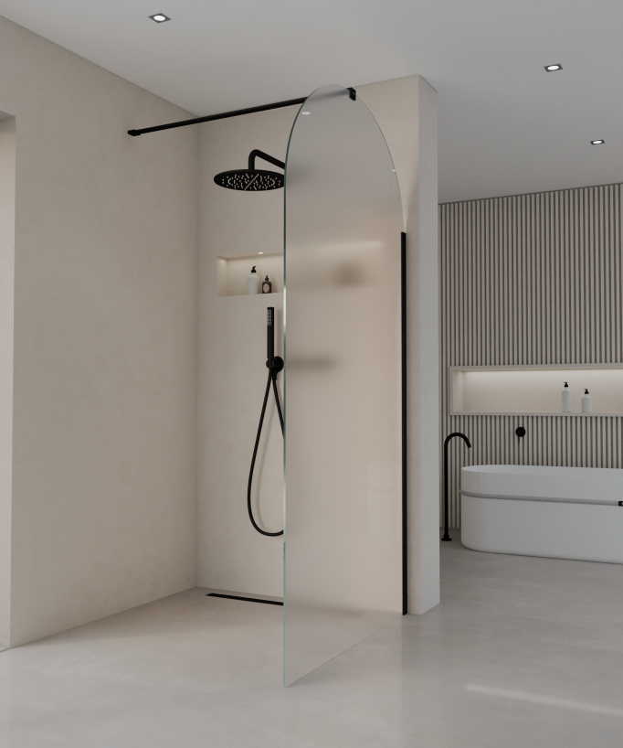Santana Fixed Rounded Ice Glass Shower Screen - Black