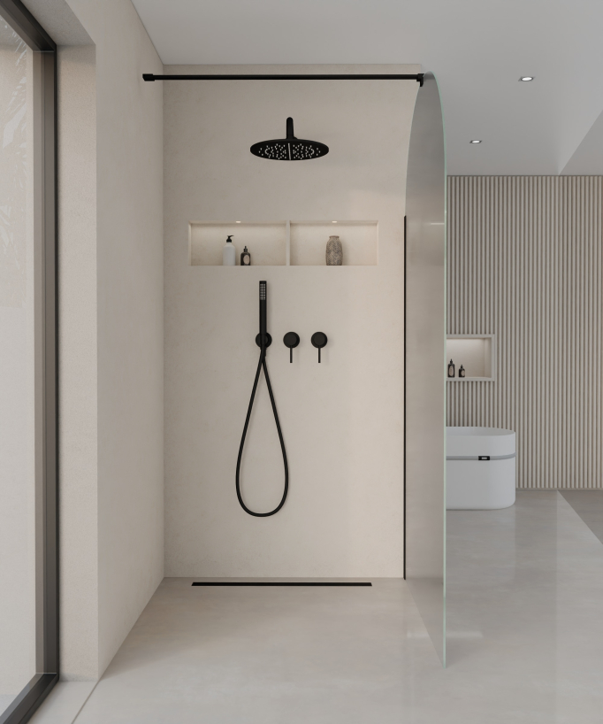 Santana Fixed Rounded Ice Glass Shower Screen - Black