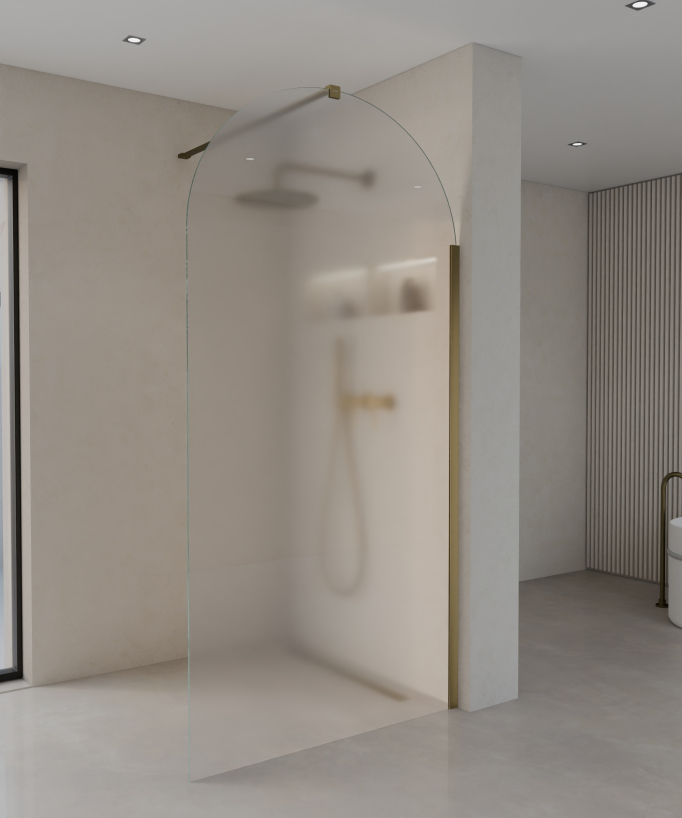 Santana Fixed Rounded Ice Glass Shower Screen - Brushed Gold