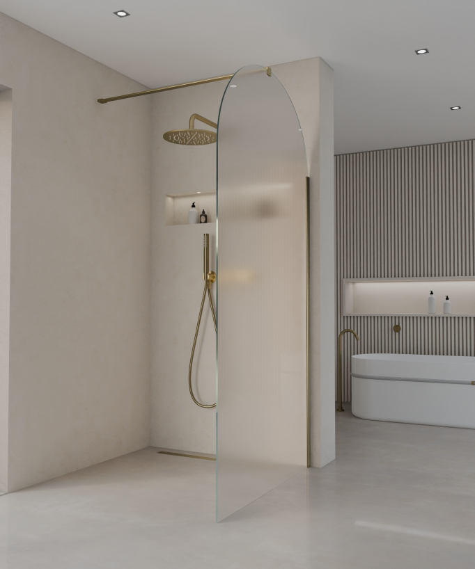 Santana Fixed Rounded Ice Glass Shower Screen - Brushed Gold