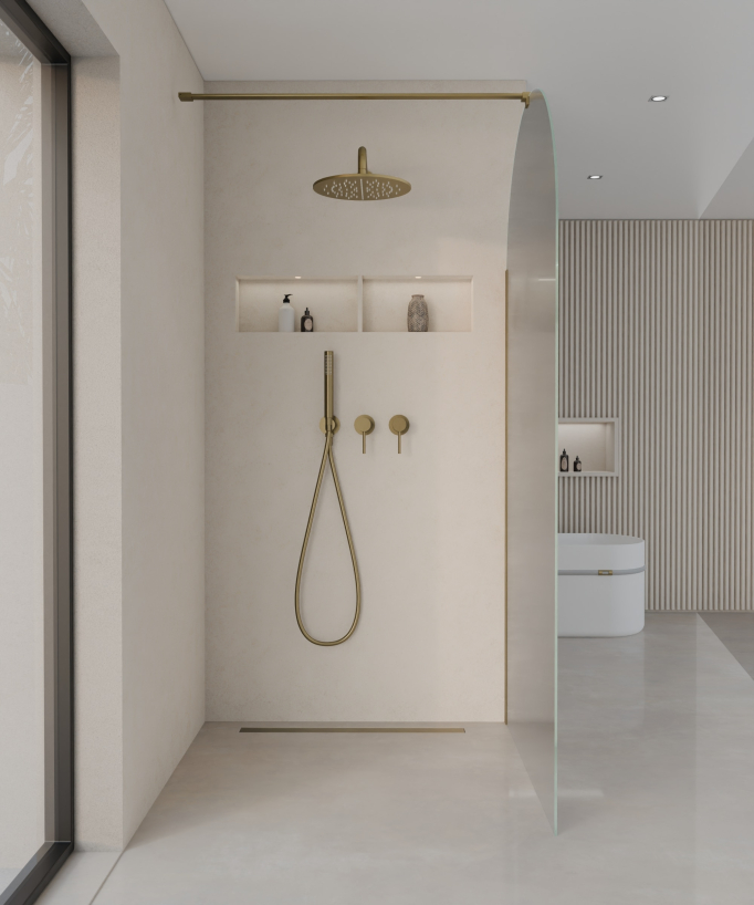 Santana Fixed Rounded Ice Glass Shower Screen - Brushed Gold