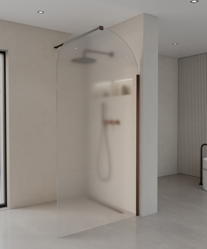 Santana Fixed Rounded Ice Glass Shower Screen - Brushed Rose Gold