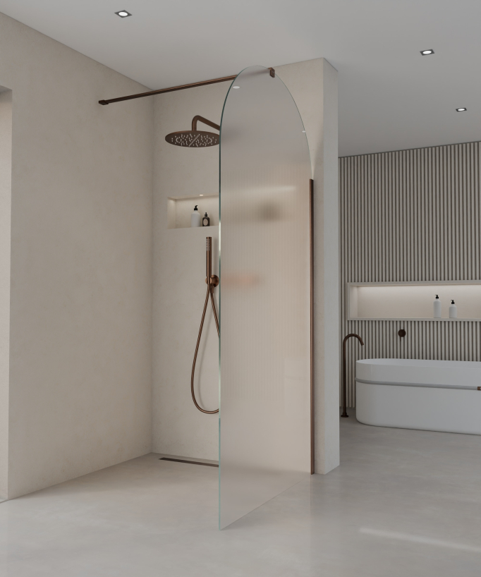 Santana Fixed Rounded Ice Glass Shower Screen - Brushed Rose Gold