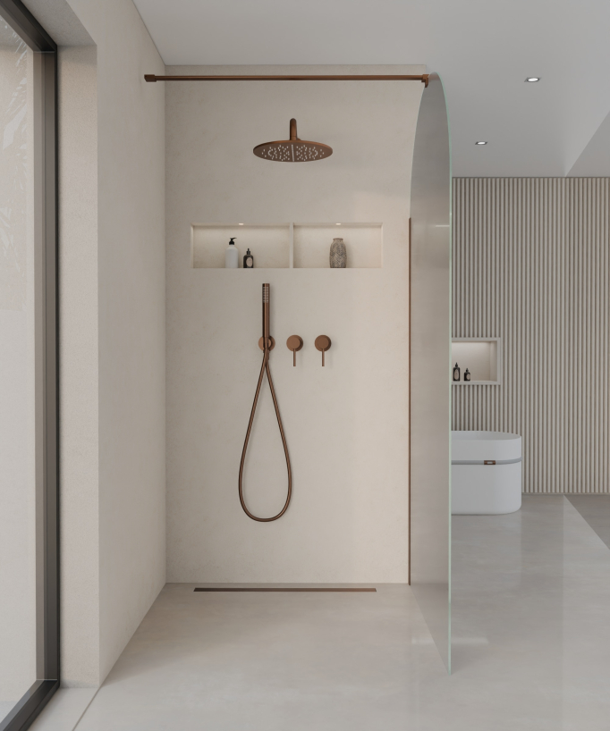Santana Fixed Rounded Ice Glass Shower Screen - Brushed Rose Gold