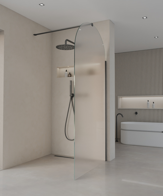 Santana Walk-in Rounded Ice Glass Shower Screen - Gunmetal