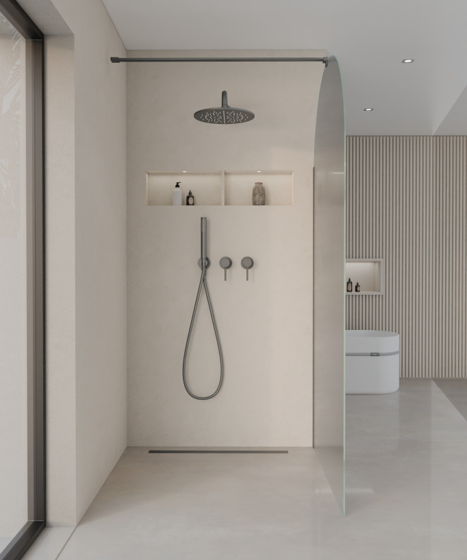 Santana Walk-in Rounded Ice Glass Shower Screen - Gunmetal