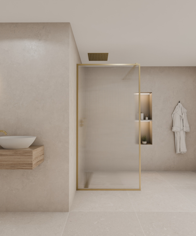 Sintra - Fixed Shower Panel with Brushed Gold Profiles and Fluted Glass