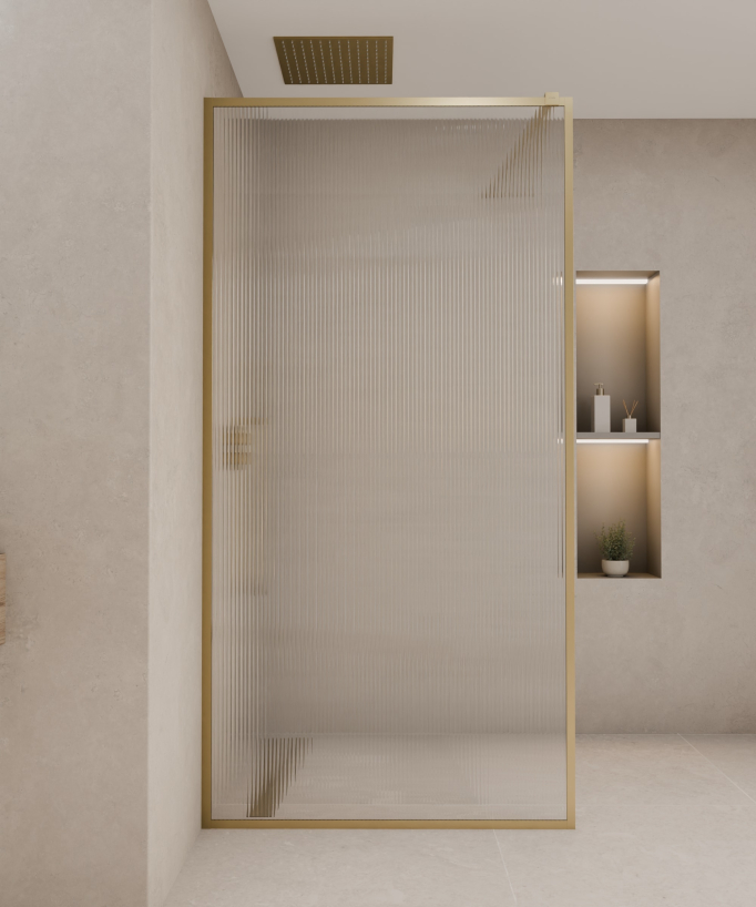 Sintra - Fixed Shower Panel with Brushed Gold Profiles and Fluted Glass