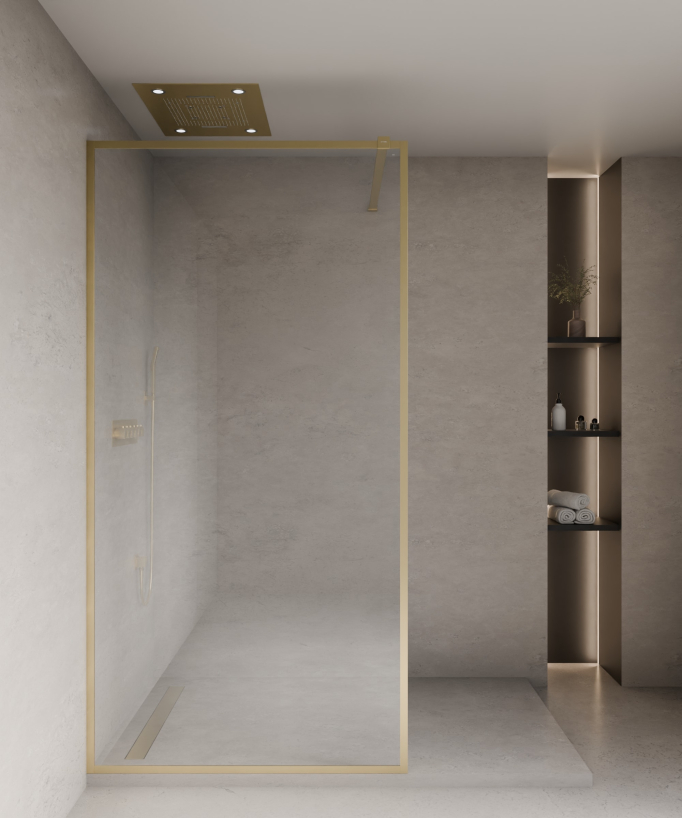 Evora - Fixed Shower Screen in Clear Glass, Brushed Gold Frame