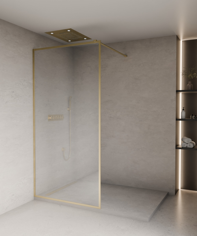 Evora - Fixed Shower Screen in Clear Glass, Brushed Gold Frame
