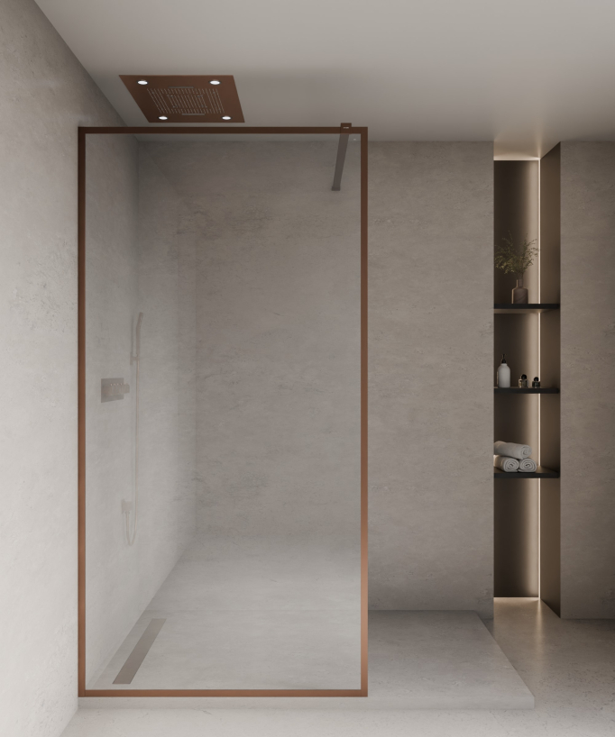 Evora - Fixed Shower Screen in Clear Glass, Brushed Rose Gold Frame