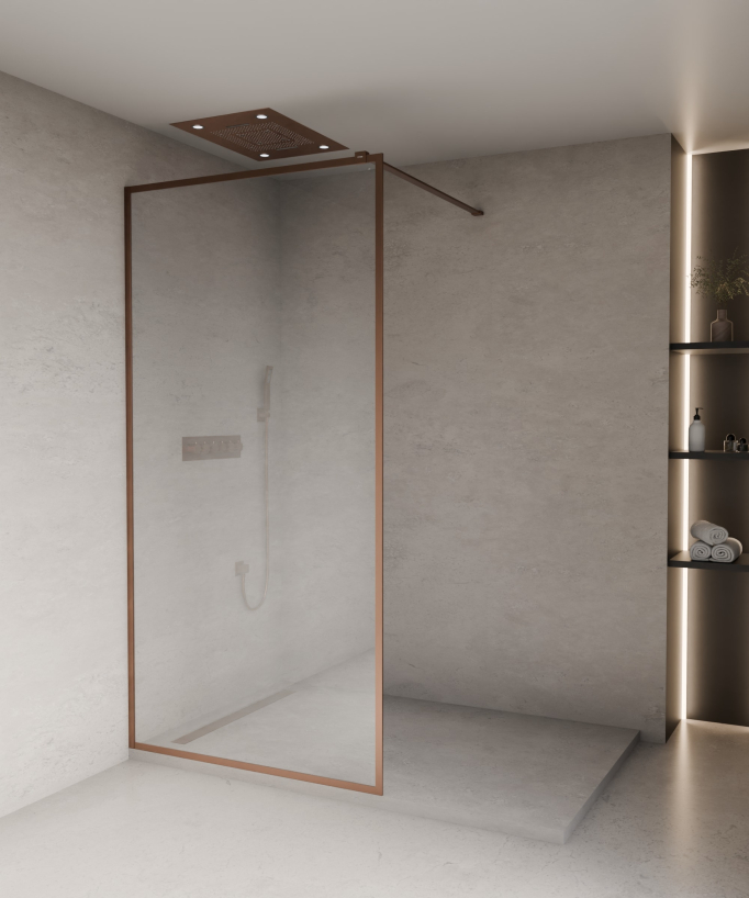 Evora - Fixed Shower Screen in Clear Glass, Brushed Rose Gold Frame