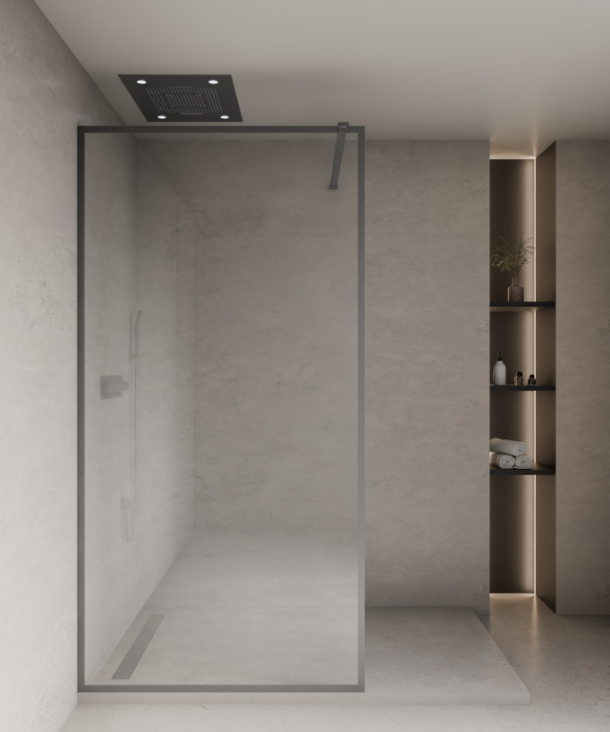 Evora - Fixed Shower Screen in Clear Glass, Gunmetal Frame