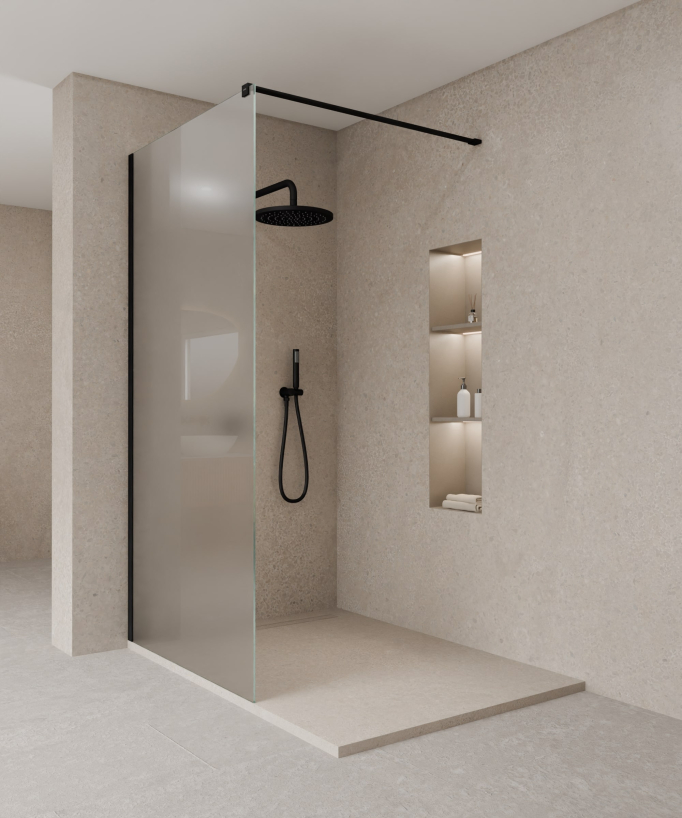 Tavira Fixed Ice Glass Shower Screen - Black