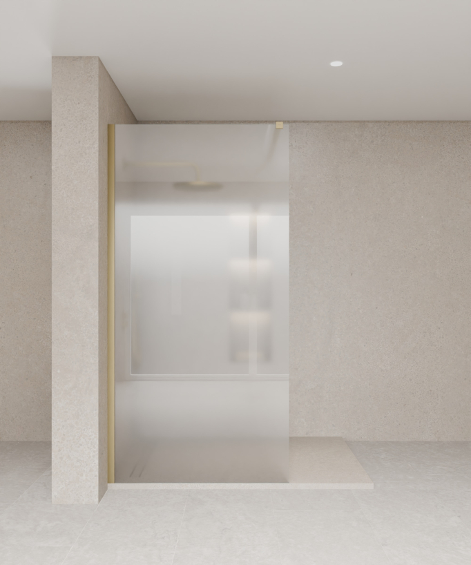 Paroi de douche fixe collection Tavira en verre trempé givré et profilé doré brossé posée sur un receveur de douche extra plat beige