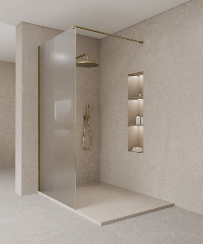 Tavira Fixed Ice Glass Shower Screen - Brushed Gold