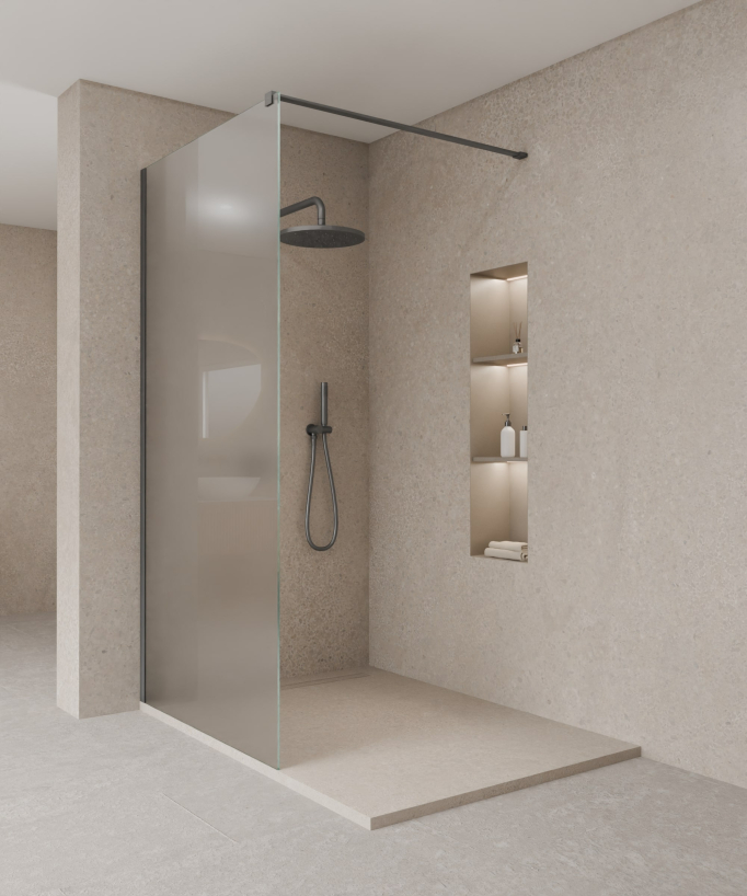 Tavira Fixed Ice Glass Shower Screen - Gunmetal Finish