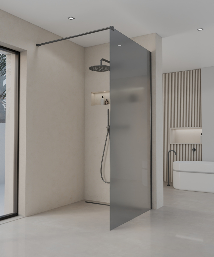 Seia Fixed Smoked Glass Shower Screen with Gunmetal Profile