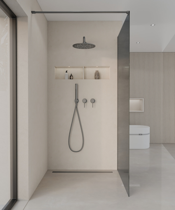 Seia Fixed Smoked Glass Shower Screen with Gunmetal Profile