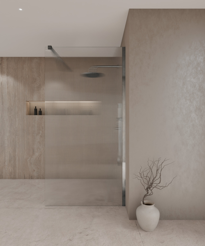 Paroi de douche walk-in Vizela en verre cannelé anticalcaire avec profilé chromé