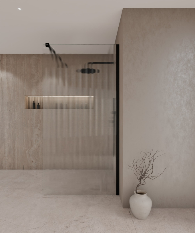 Paroi de douche walk-in Vizela en verre cannelé anticalcaire avec profilé noir