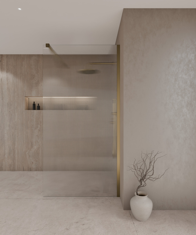 Paroi de douche walk-in Vizela en verre cannelé anticalcaire avec profilé doré