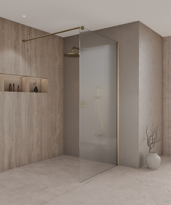 Vizela Walk-in Shower Screen - Brushed Gold Fluted Glass