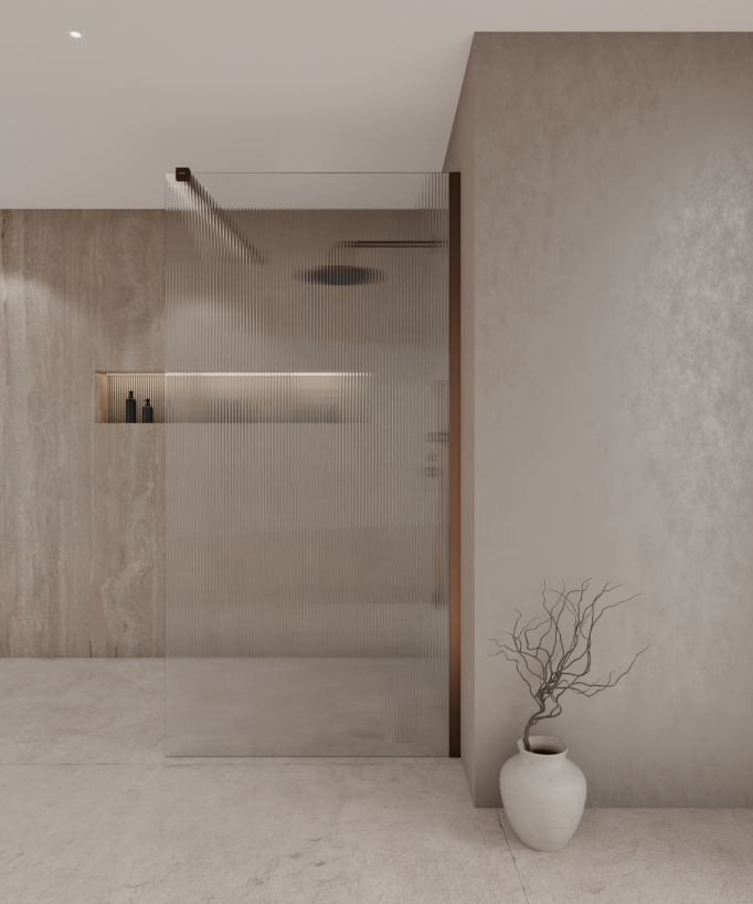 Paroi de douche walk-in Vizela en verre cannelé anticalcaire avec profilé or rose brossé