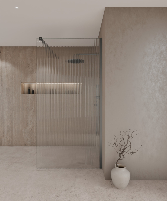 Paroi de douche walk-in Vizela en verre cannelé anticalcaire avec profilé gun metal