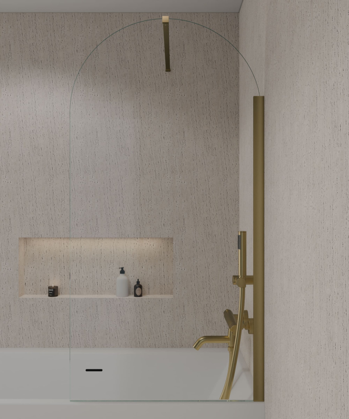 Leira Fixed Arch Bath Screen - Brushed Gold - 140 x 70 cm