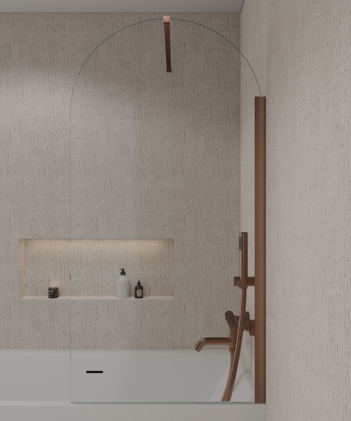Leira Fixed Rounded Bath Screen - Brushed Rose Gold - 70 x 140 cm