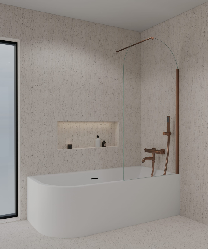 Leira Fixed Rounded Bath Screen - Brushed Rose Gold - 70 x 140 cm