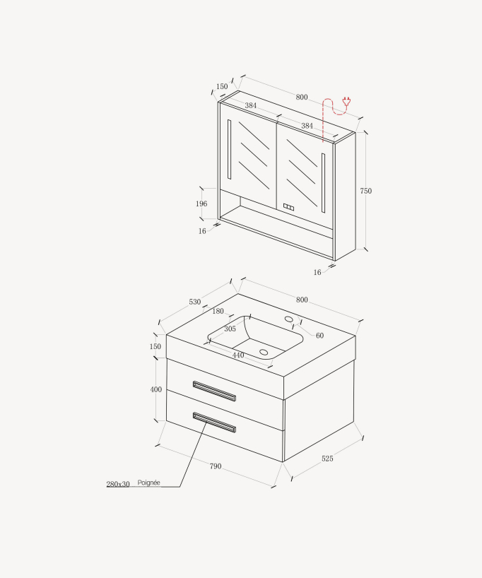 Jaipur Bathroom Vanity Unit - Black - 80 cm