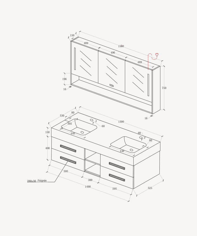 Jaipur Bathroom Vanity Unit - White - 150 cm