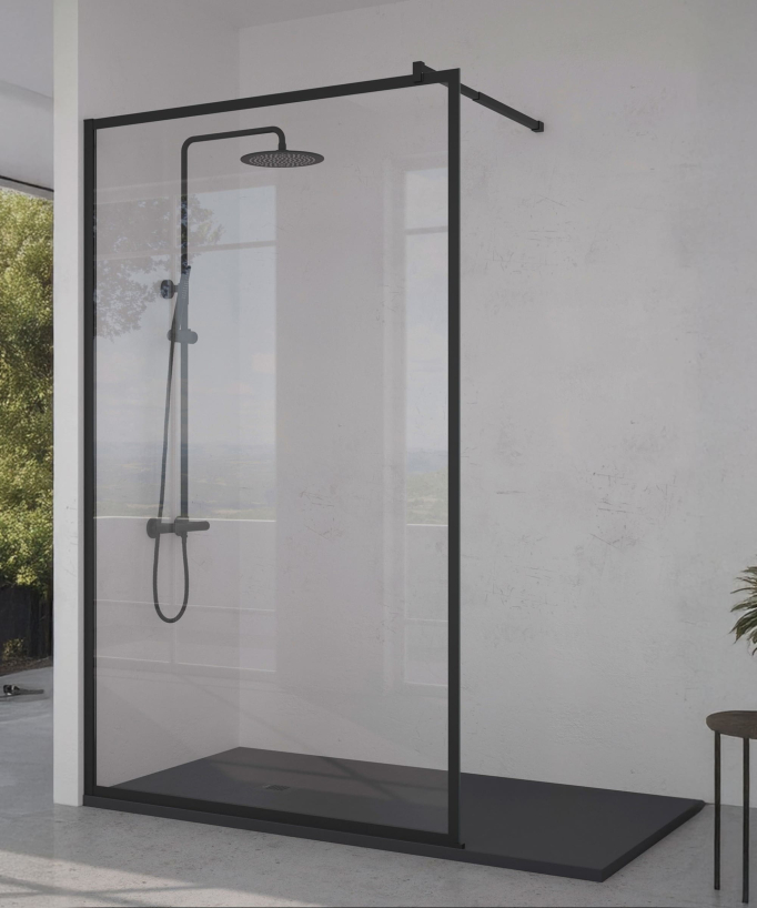 Paroi de douche fixe avec profilés et barre de renfort noirs 