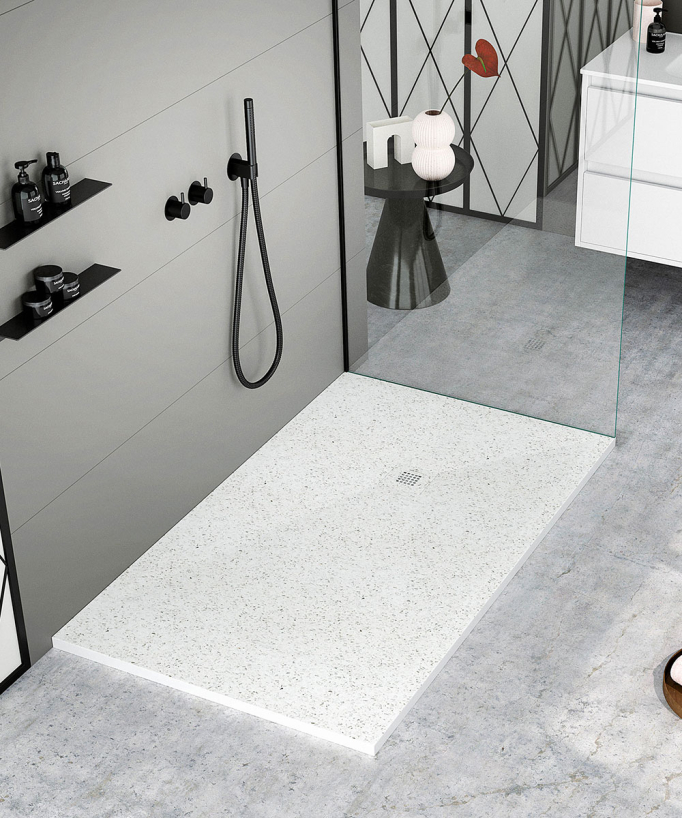 White Granite Smooth Finish Shower Tray with Coloured Waste Cover - Stone 3D