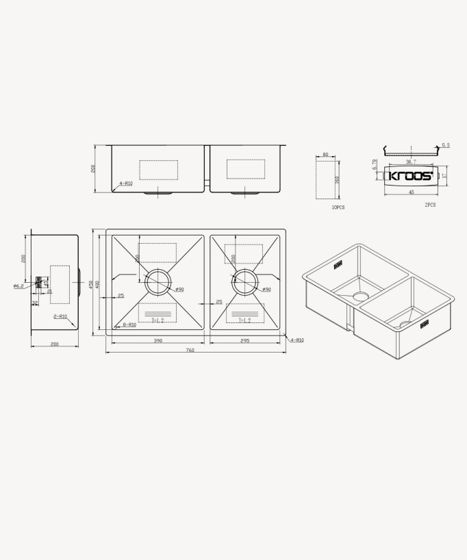 Jaboty 760mm Double Bowl Sink - Brushed Gunmetal