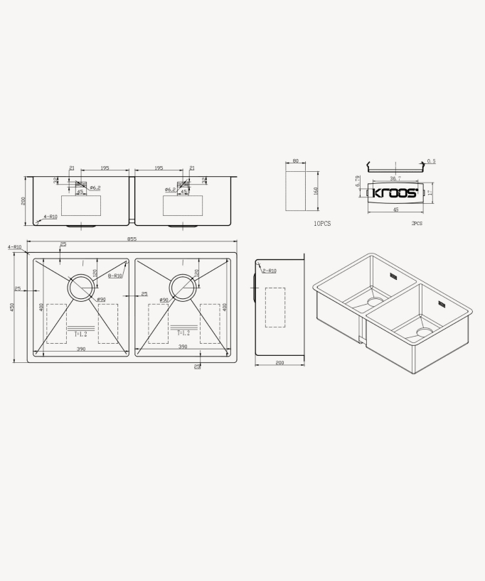 Tilia 855mm Double Bowl Sink - Brushed Stainless Steel