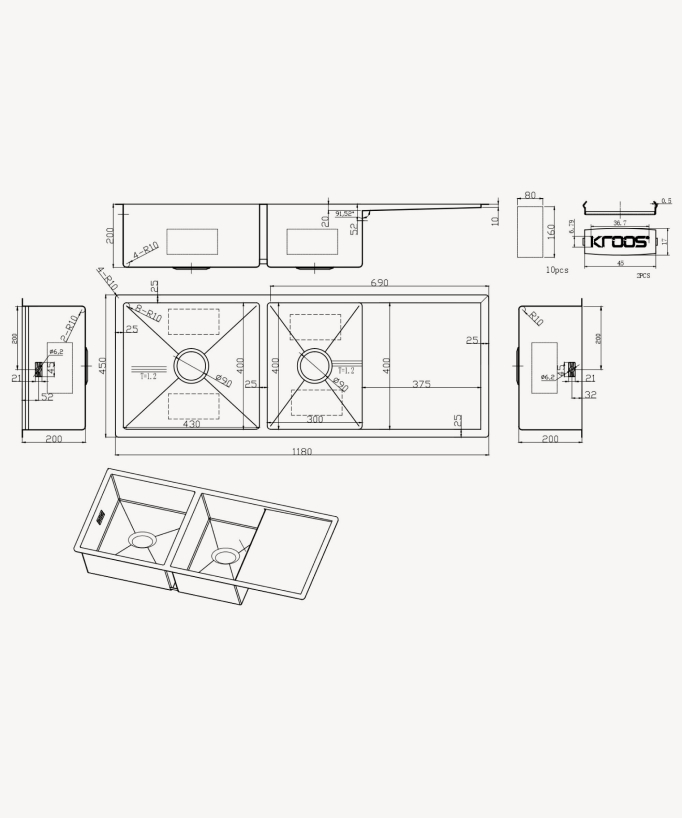 Filao 1180mm Double Bowl Sink with Drainer - Brushed Gunmetal