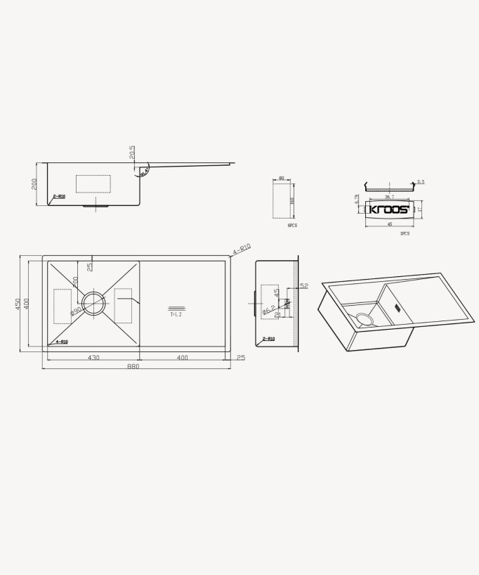 Limba 880mm Single Bowl Sink with Drainer - Brushed Brass