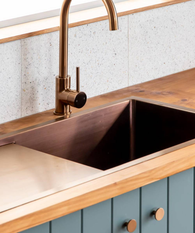 Limba 880mm Single Bowl Sink with Drainer - Brushed Copper