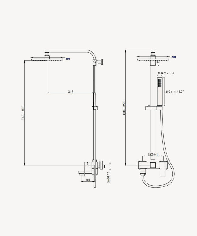 Bath Shower Column with Rain Head, Hand Shower and Integrated Spout - Sirius