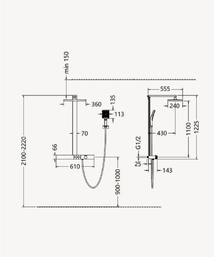 Thermostatic Shower Column with Shelf - Gunmetal