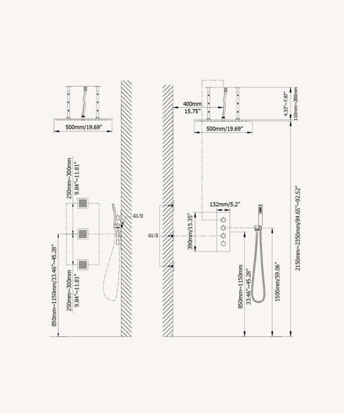 Sirius 500 mm Thermostatic Ceiling-Concealed Shower Sky with 3 Body Jets - Brushed Gold